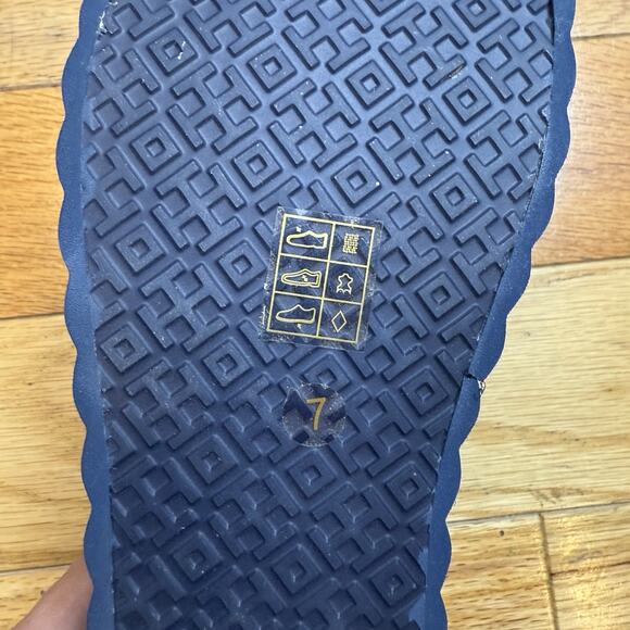 Tory Burch Womens Scallop Navy Shimmery Satin Wedge Platform Sandals Sz 7M - Picture 5 of 6